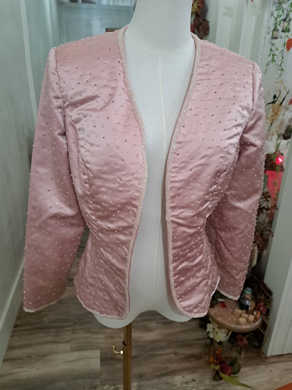 Vintage Rosewater Romance | Pink Satin Beaded Evening Jacket | MACIS Size 12